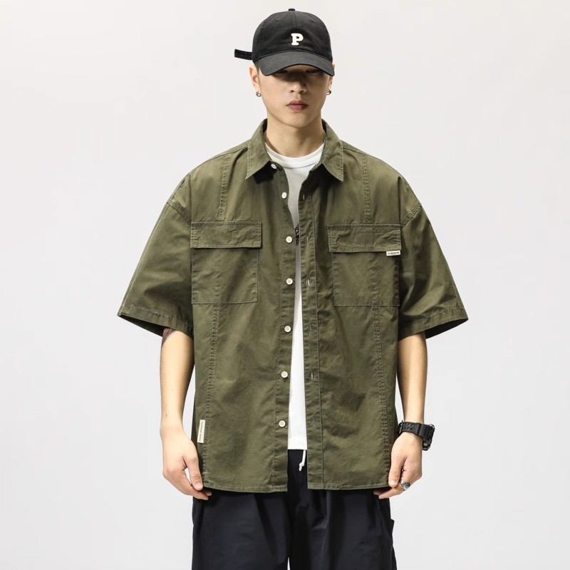 Muška radna košulja s kratkim rukavima, vojnozelene boje, japanski stil, moderan streetwear