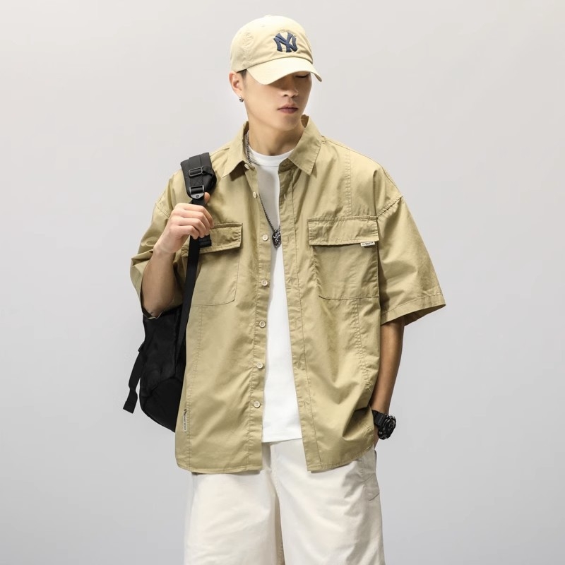 Muška radna košulja s kratkim rukavima, vojnozelene boje, japanski stil, moderan streetwear