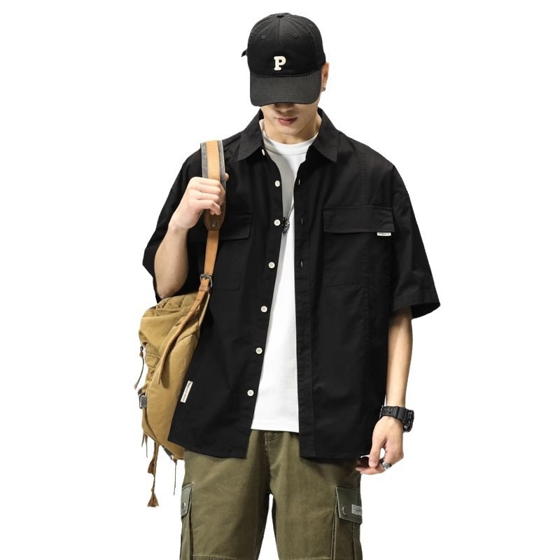 Muška radna košulja s kratkim rukavima, vojnozelene boje, japanski stil, moderan streetwear