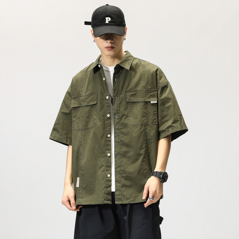 Muška radna košulja s kratkim rukavima, vojnozelene boje, japanski stil, moderan streetwear