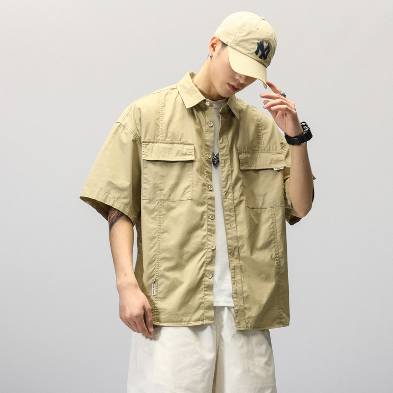 Muška radna košulja s kratkim rukavima, vojnozelene boje, japanski stil, moderan streetwear