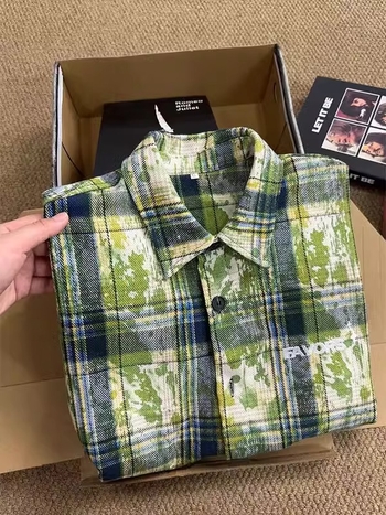 Vintage zöld tie-dye kockásing férfiaknak, hosszú ujjú rétegző felső