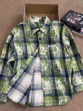 Vintage zöld tie-dye kockásing férfiaknak, hosszú ujjú rétegző felső