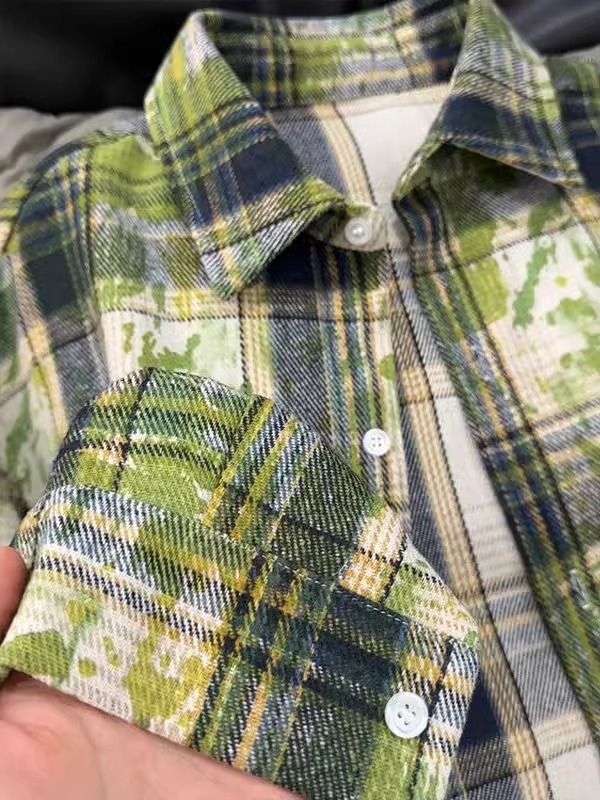 Vintage zöld tie-dye kockásing férfiaknak, hosszú ujjú rétegző felső