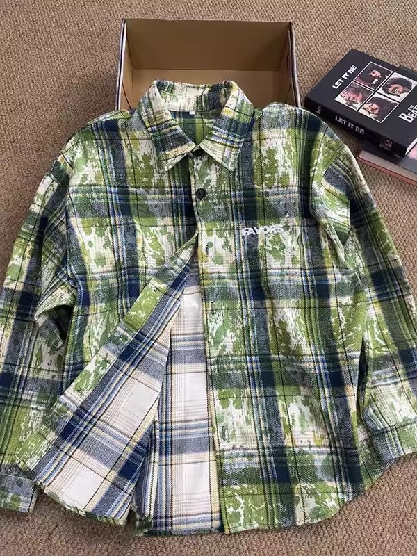 Vintage zöld tie-dye kockásing férfiaknak, hosszú ujjú rétegző felső
