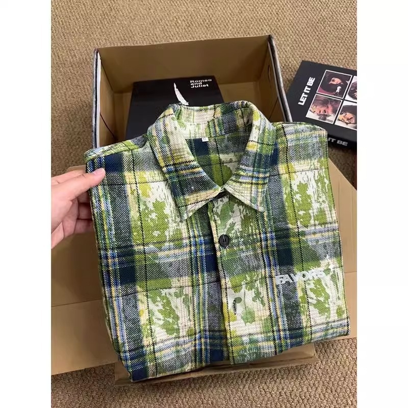 Vintage zöld tie-dye kockásing férfiaknak, hosszú ujjú rétegző felső