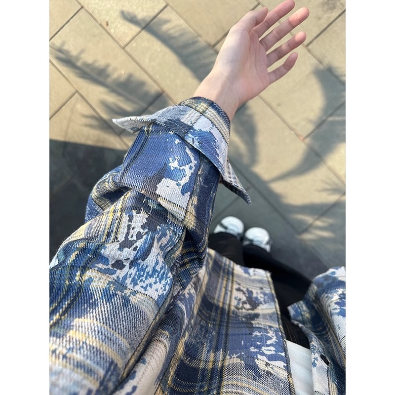 Vintage zöld tie-dye kockásing férfiaknak, hosszú ujjú rétegző felső