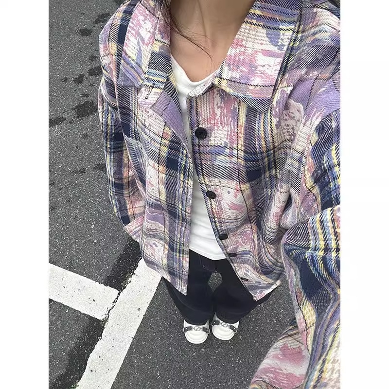Vintage zöld tie-dye kockásing férfiaknak, hosszú ujjú rétegző felső