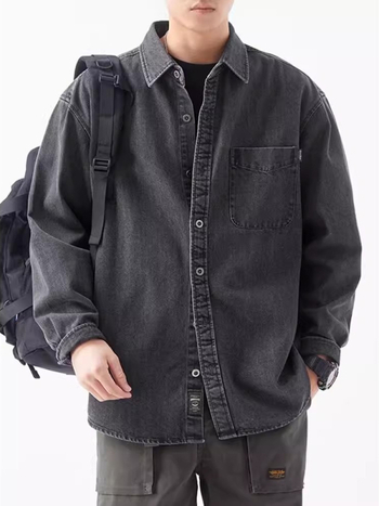 Férfi denim ing hosszú ujjú, tavasz–ősz szezonra, amerikai stílus, nehéz anyag, mosott, vintage casual viselet