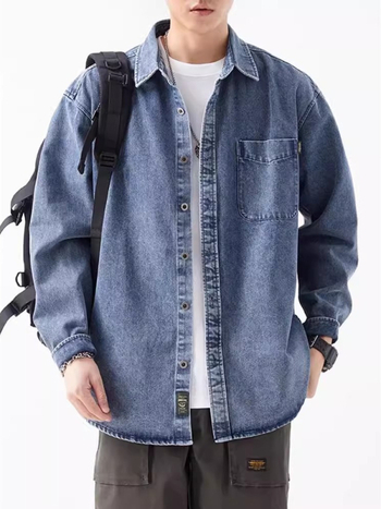 Férfi denim ing hosszú ujjú, tavasz–ősz szezonra, amerikai stílus, nehéz anyag, mosott, vintage casual viselet