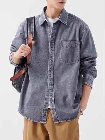 Férfi denim ing hosszú ujjú, tavasz–ősz szezonra, amerikai stílus, nehéz anyag, mosott, vintage casual viselet