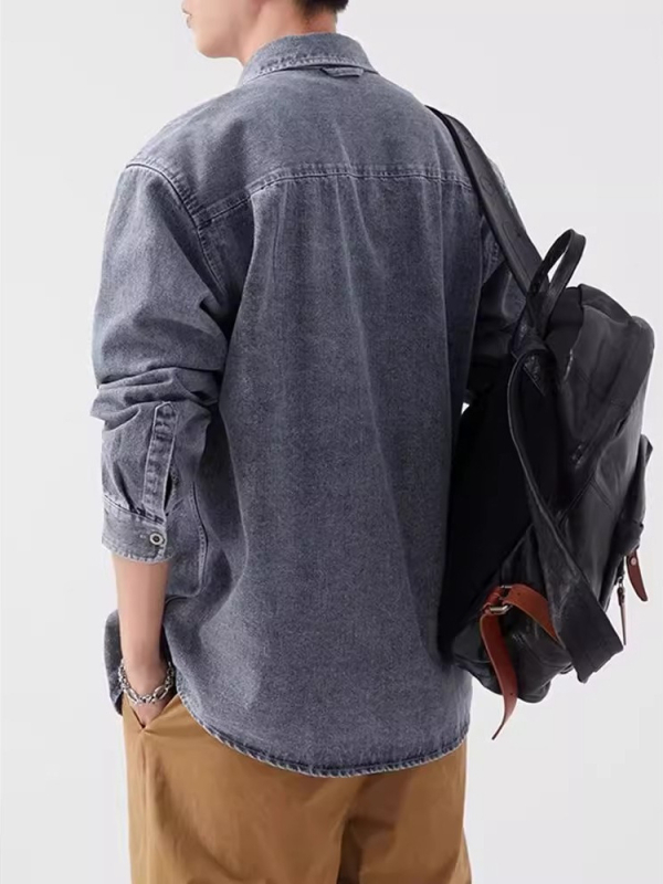 Férfi denim ing hosszú ujjú, tavasz–ősz szezonra, amerikai stílus, nehéz anyag, mosott, vintage casual viselet