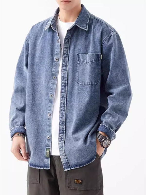 Férfi denim ing hosszú ujjú, tavasz–ősz szezonra, amerikai stílus, nehéz anyag, mosott, vintage casual viselet