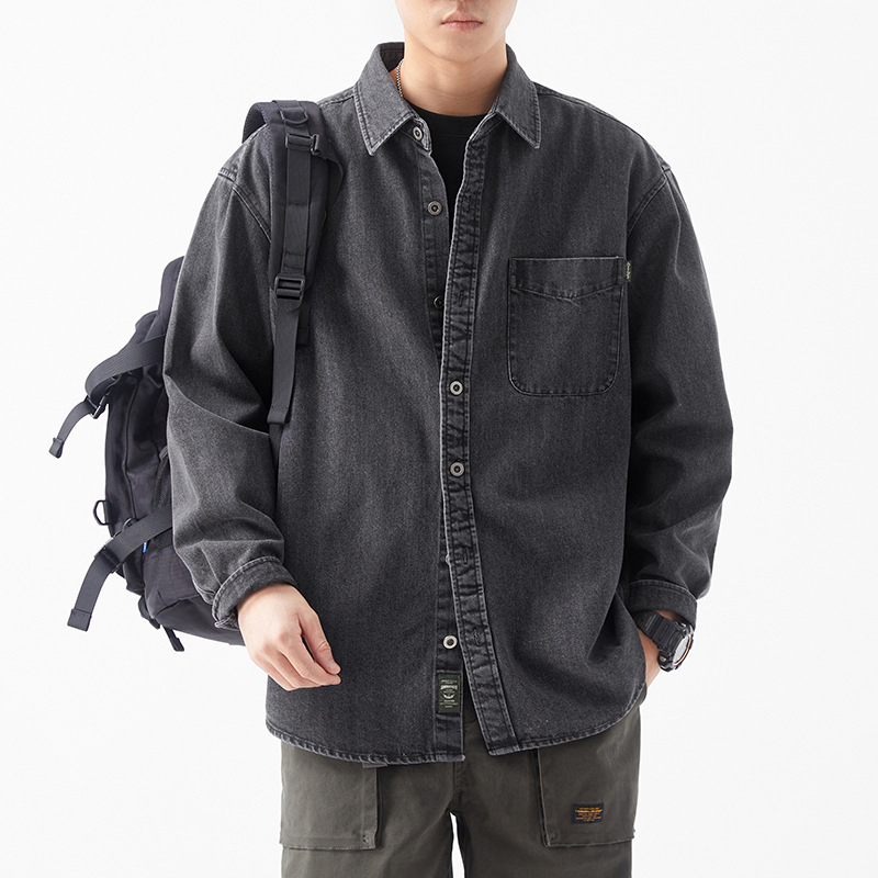 Férfi denim ing hosszú ujjú, tavasz–ősz szezonra, amerikai stílus, nehéz anyag, mosott, vintage casual viselet
