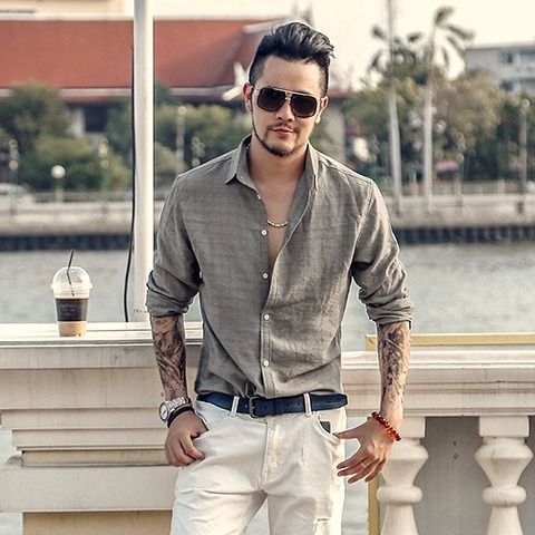 Muška košulja u korejskom stilu, duge rukave, slobodan kroj, lagana, bijela, za proljeće i jesen
