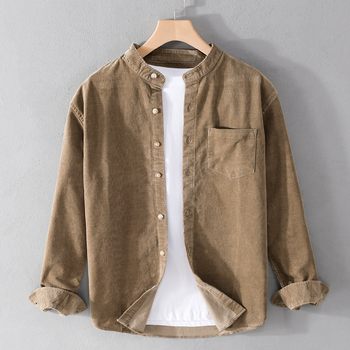 Corduroy muška košulja s dugim rukavima, stojeći ovratnik, retro japanski stil, 100% pamuk, s džepom