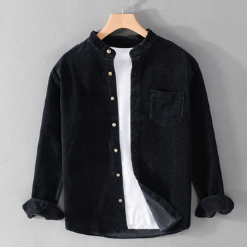 Corduroy muška košulja s dugim rukavima, stojeći ovratnik, retro japanski stil, 100% pamuk, s džepom