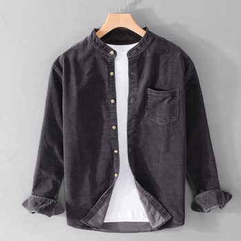Corduroy muška košulja s dugim rukavima, stojeći ovratnik, retro japanski stil, 100% pamuk, s džepom