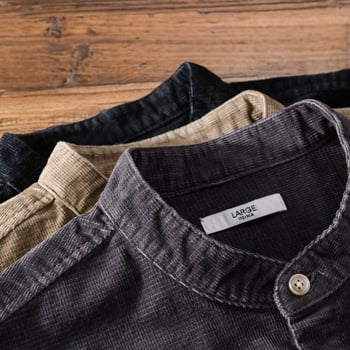 Corduroy muška košulja s dugim rukavima, stojeći ovratnik, retro japanski stil, 100% pamuk, s džepom