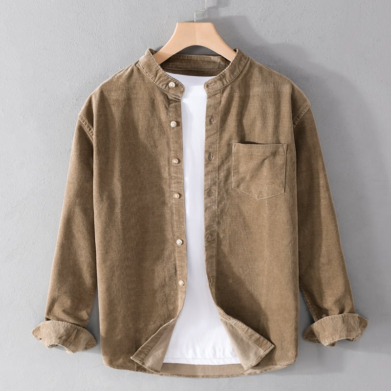 Corduroy muška košulja s dugim rukavima, stojeći ovratnik, retro japanski stil, 100% pamuk, s džepom