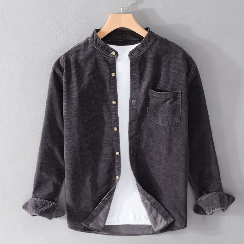 Corduroy muška košulja s dugim rukavima, stojeći ovratnik, retro japanski stil, 100% pamuk, s džepom