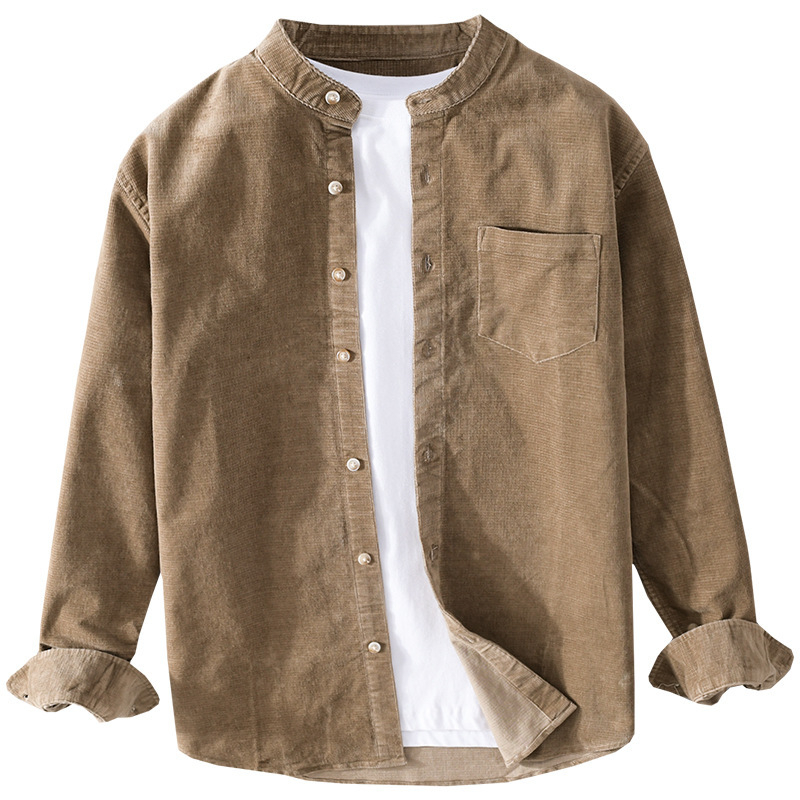 Corduroy muška košulja s dugim rukavima, stojeći ovratnik, retro japanski stil, 100% pamuk, s džepom