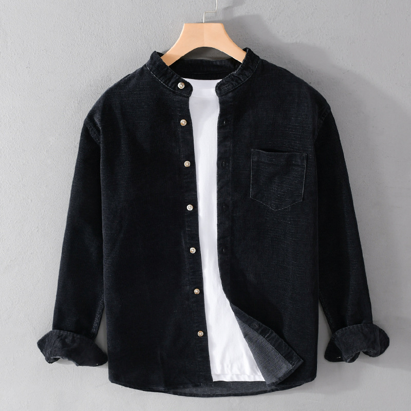 Corduroy muška košulja s dugim rukavima, stojeći ovratnik, retro japanski stil, 100% pamuk, s džepom