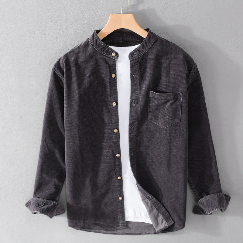 Corduroy muška košulja s dugim rukavima, stojeći ovratnik, retro japanski stil, 100% pamuk, s džepom