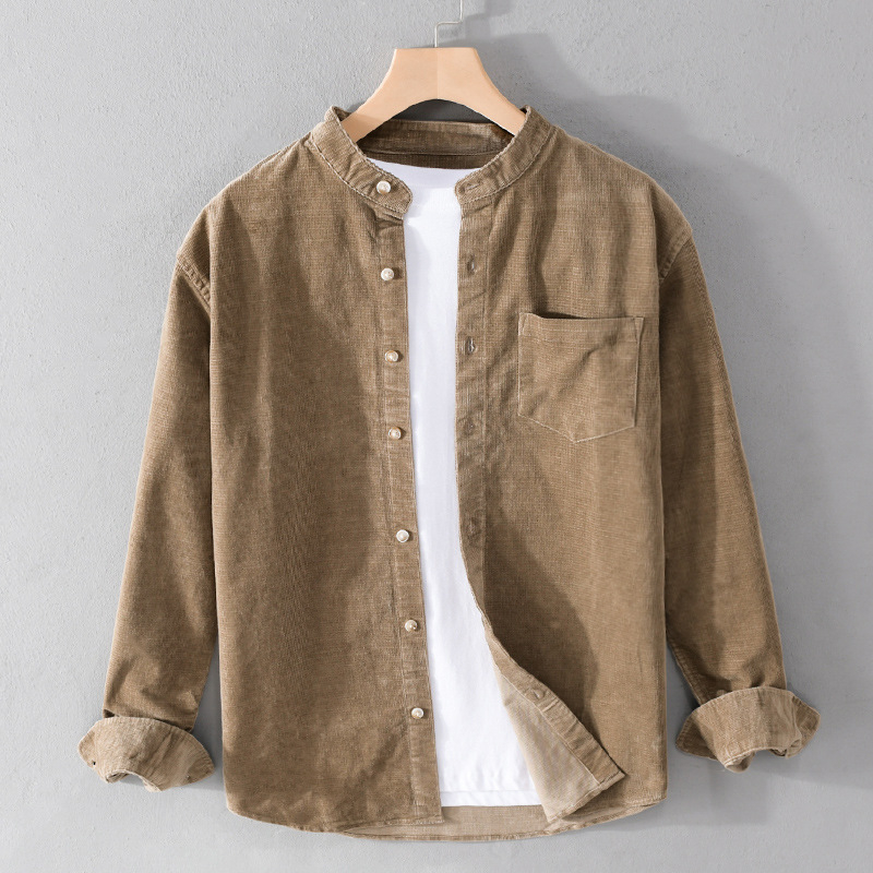 Corduroy muška košulja s dugim rukavima, stojeći ovratnik, retro japanski stil, 100% pamuk, s džepom