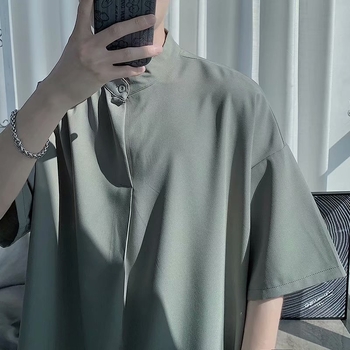Muška košulja s kratkim rukavima od ice silk, opuštenog kroja, korejski stil, stojeći ovratnik, ljeto