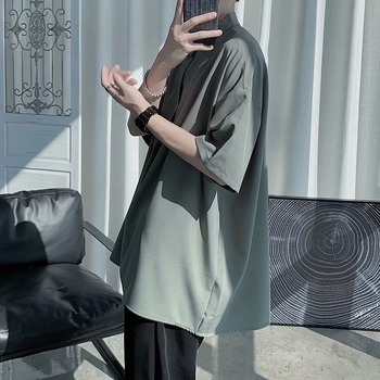 Muška košulja s kratkim rukavima od ice silk, opuštenog kroja, korejski stil, stojeći ovratnik, ljeto