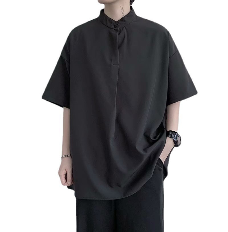 Muška košulja s kratkim rukavima od ice silk, opuštenog kroja, korejski stil, stojeći ovratnik, ljeto