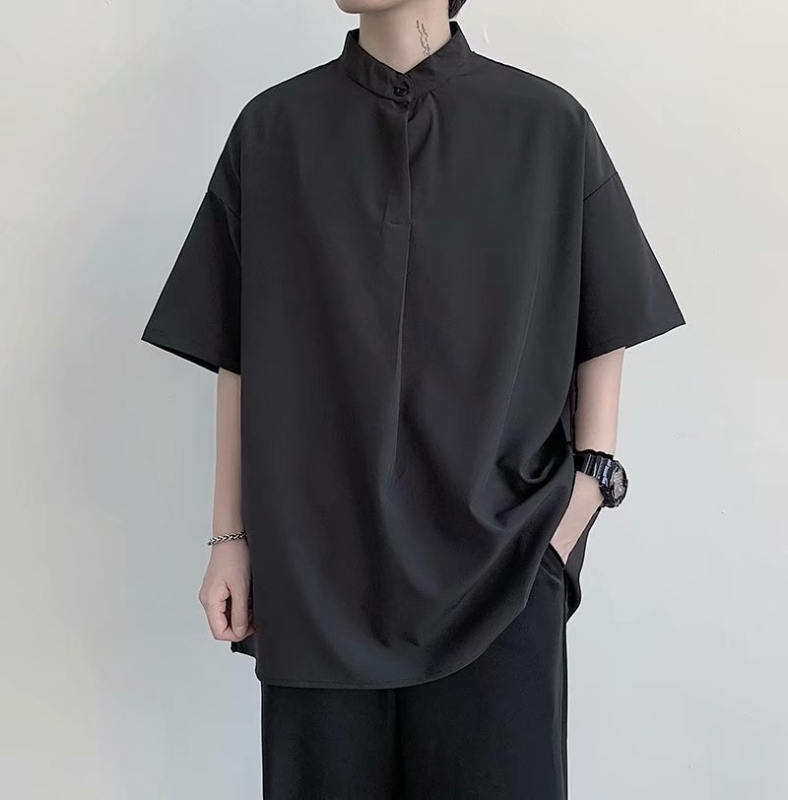 Muška košulja s kratkim rukavima od ice silk, opuštenog kroja, korejski stil, stojeći ovratnik, ljeto