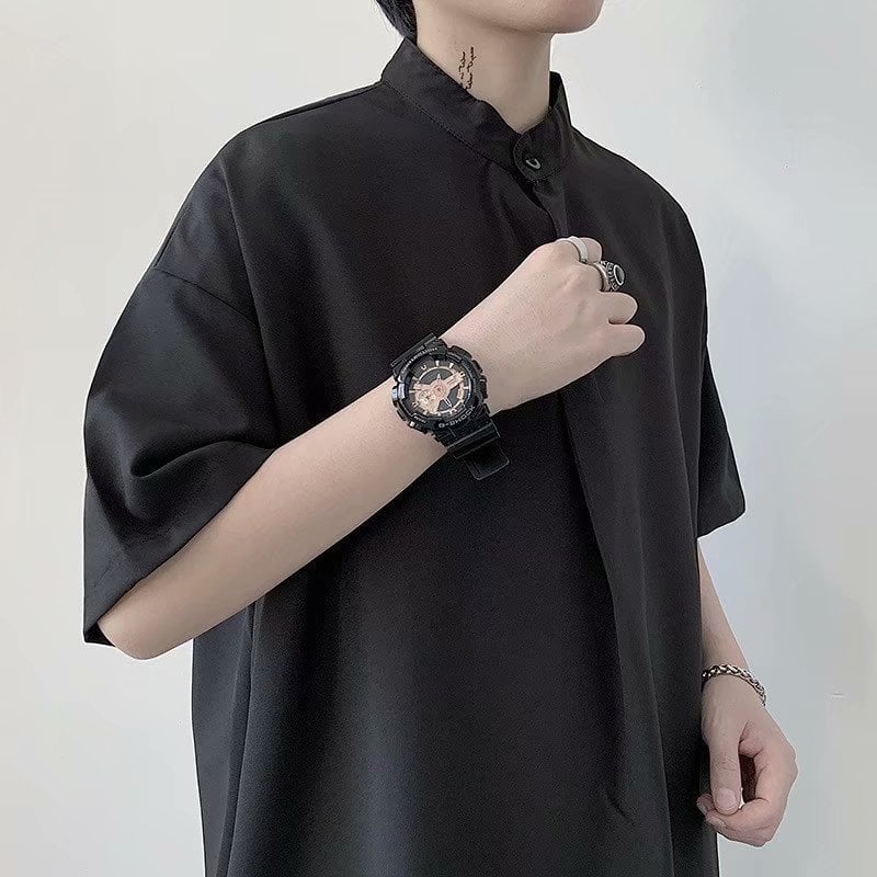 Muška košulja s kratkim rukavima od ice silk, opuštenog kroja, korejski stil, stojeći ovratnik, ljeto