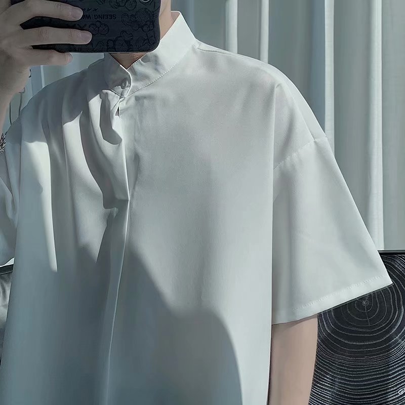 Muška košulja s kratkim rukavima od ice silk, opuštenog kroja, korejski stil, stojeći ovratnik, ljeto