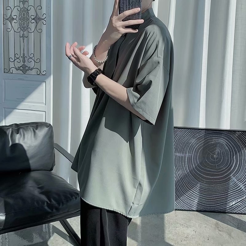 Muška košulja s kratkim rukavima od ice silk, opuštenog kroja, korejski stil, stojeći ovratnik, ljeto