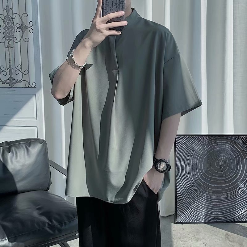 Muška košulja s kratkim rukavima od ice silk, opuštenog kroja, korejski stil, stojeći ovratnik, ljeto
