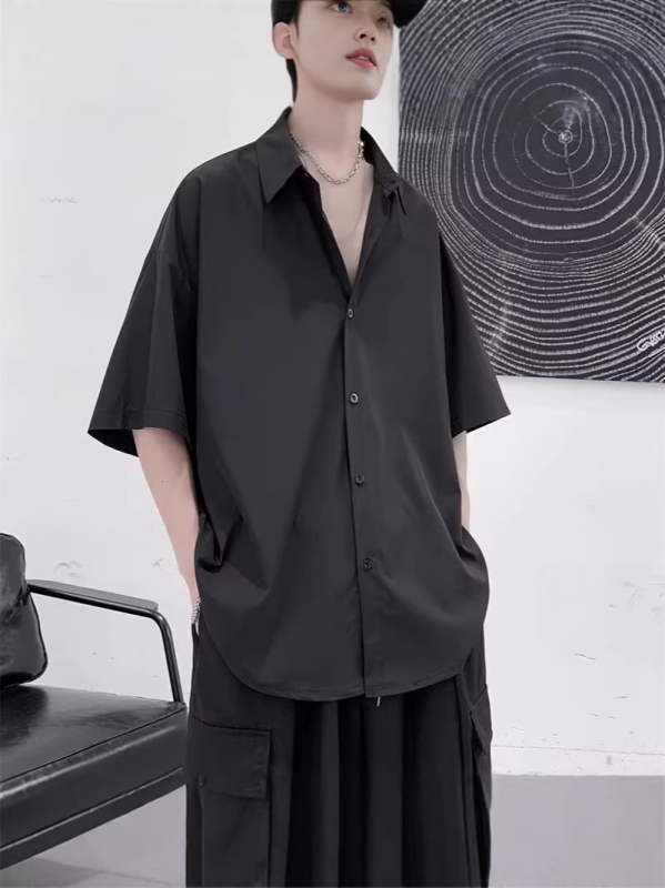 Férfi munkaruha rövid ujjú ing nyárra, laza szabás, japán retro stílus, amerikai streetwear