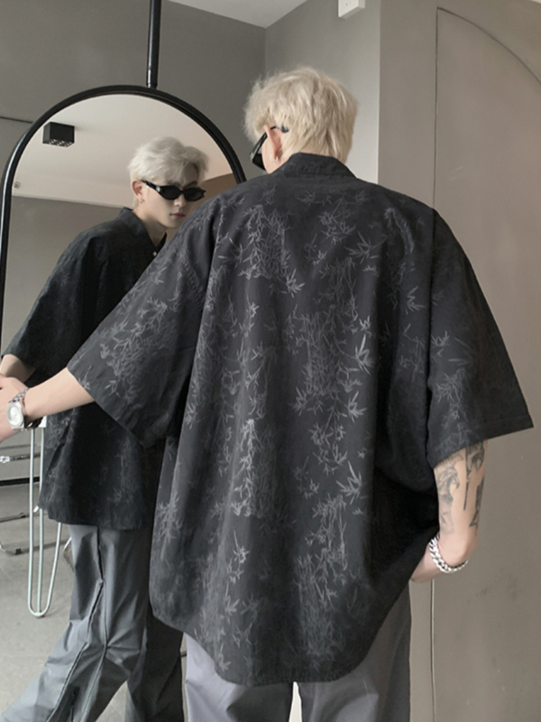 Rózsaszín ice silk rövid ujjú ing virágmintával, új kínai stílusú férfi nyári viselet