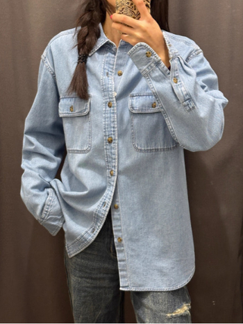 Uniszex lazán szabott denim ing, mosott hatású, mindennapi, hosszú ujjú, 2026 tavasz stílus 484245