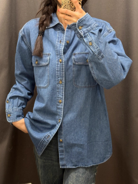 Uniszex lazán szabott denim ing, mosott hatású, mindennapi, hosszú ujjú, 2026 tavasz stílus 484245