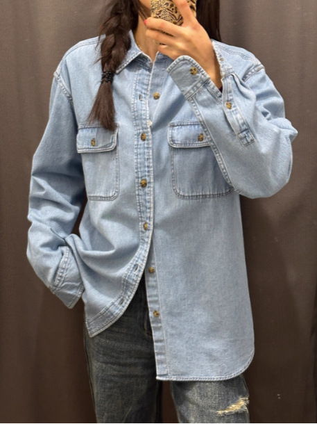 Uniszex lazán szabott denim ing, mosott hatású, mindennapi, hosszú ujjú, 2026 tavasz stílus 484245