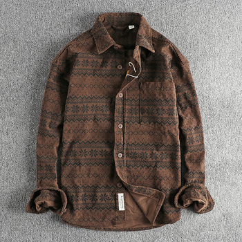 Vintage košulja od korduroja s printom totema, oprana, dugi rukav, s jednostavnim džepom, američki casual stil, lagano vanjsko odijevanje