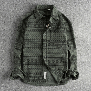 Vintage košulja od korduroja s printom totema, oprana, dugi rukav, s jednostavnim džepom, američki casual stil, lagano vanjsko odijevanje