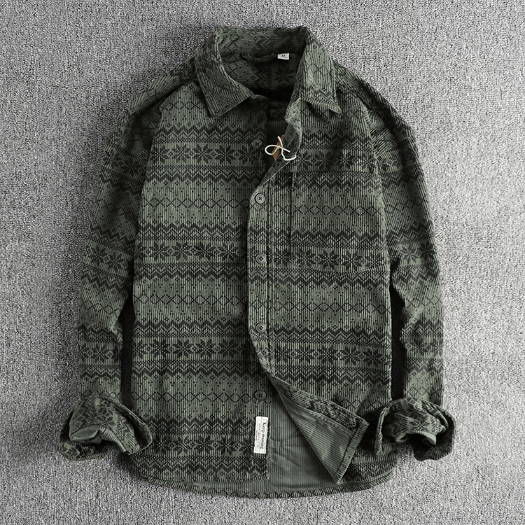 Vintage košulja od korduroja s printom totema, oprana, dugi rukav, s jednostavnim džepom, američki casual stil, lagano vanjsko odijevanje
