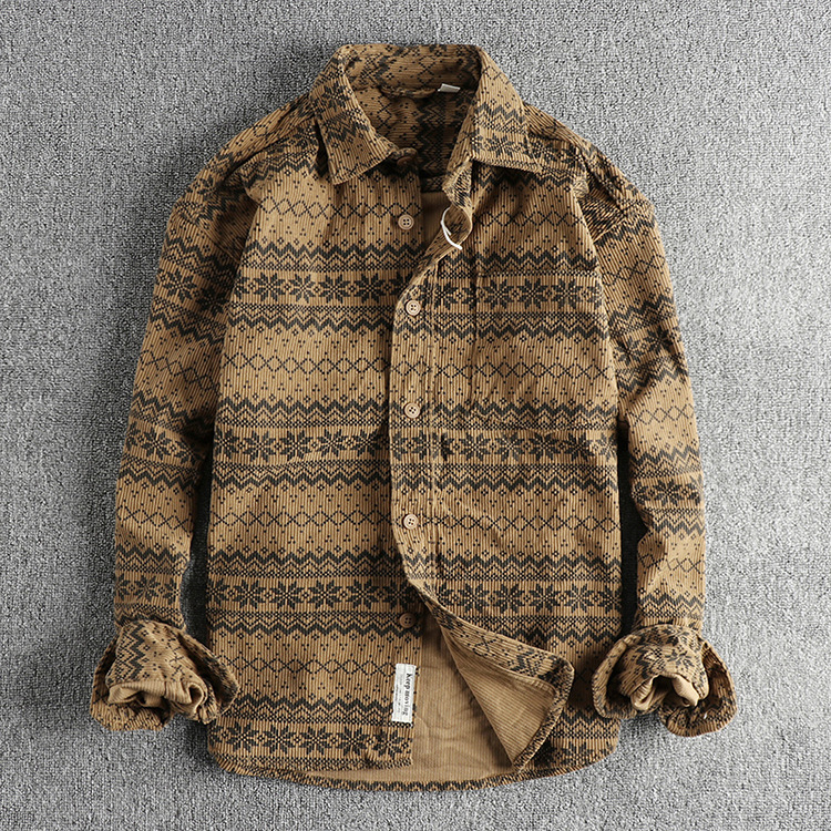Vintage košulja od korduroja s printom totema, oprana, dugi rukav, s jednostavnim džepom, američki casual stil, lagano vanjsko odijevanje