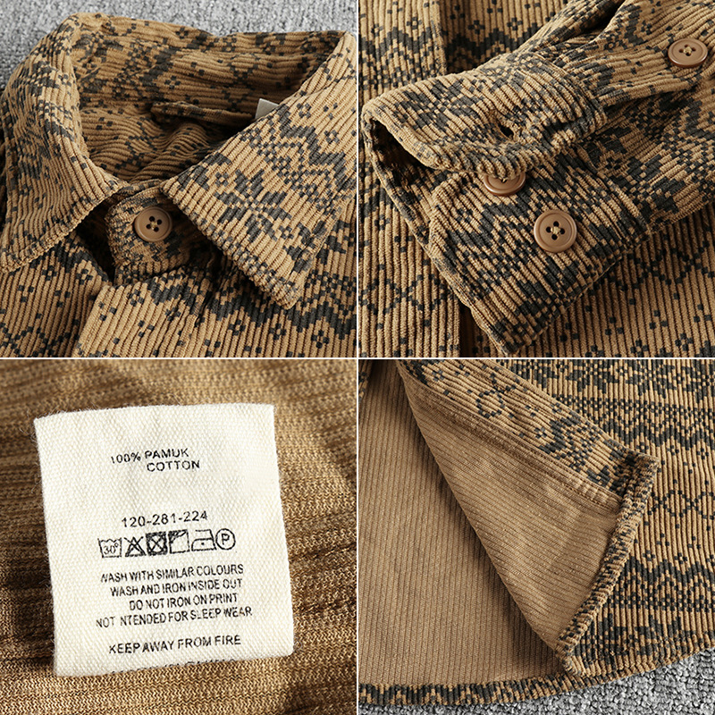 Vintage košulja od korduroja s printom totema, oprana, dugi rukav, s jednostavnim džepom, američki casual stil, lagano vanjsko odijevanje