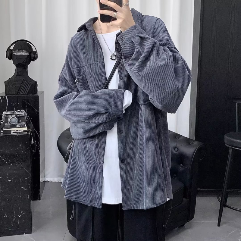 Fekete kordbársony férfi ing fleece-béléssel, extra meleg, vastag téli stílus, laza retro