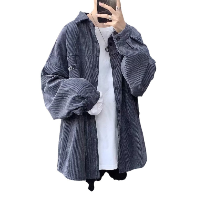 Fekete kordbársony férfi ing fleece-béléssel, extra meleg, vastag téli stílus, laza retro