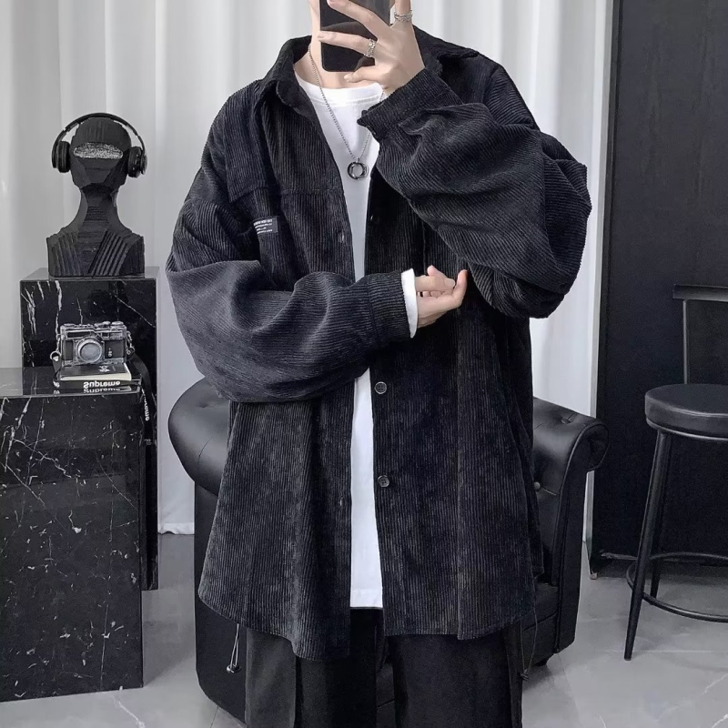 Fekete kordbársony férfi ing fleece-béléssel, extra meleg, vastag téli stílus, laza retro